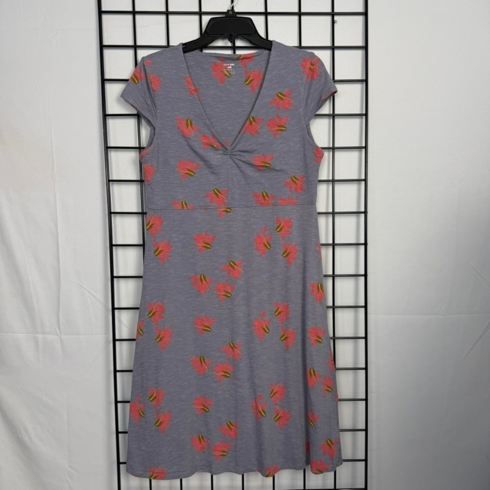 Horny Toad Rosemarie Dress Womens Large Grey Floral V-Neck Cap Sleeve A-Line